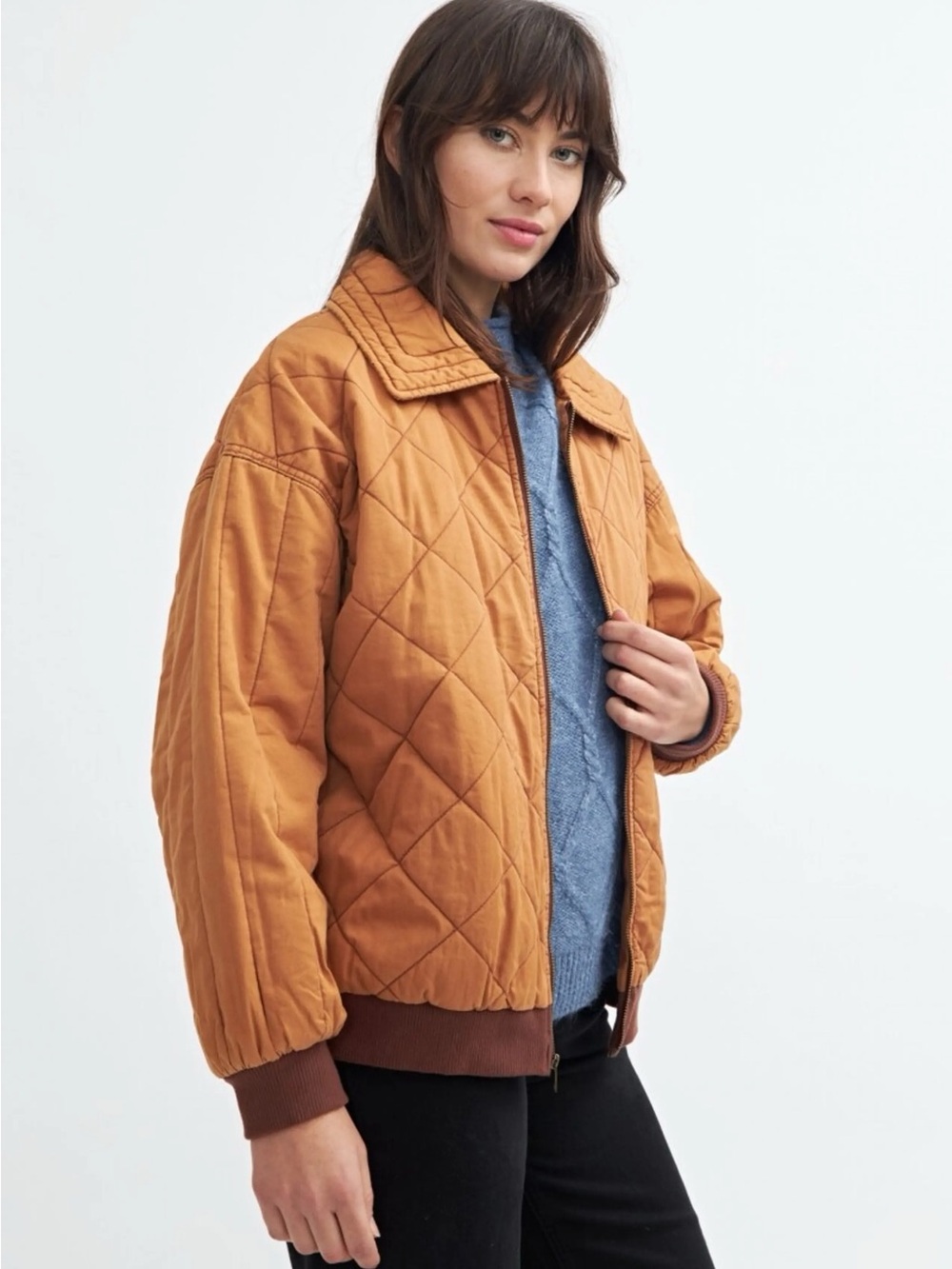 wild fable Quilted Bomber Jacket in Caramel Brown